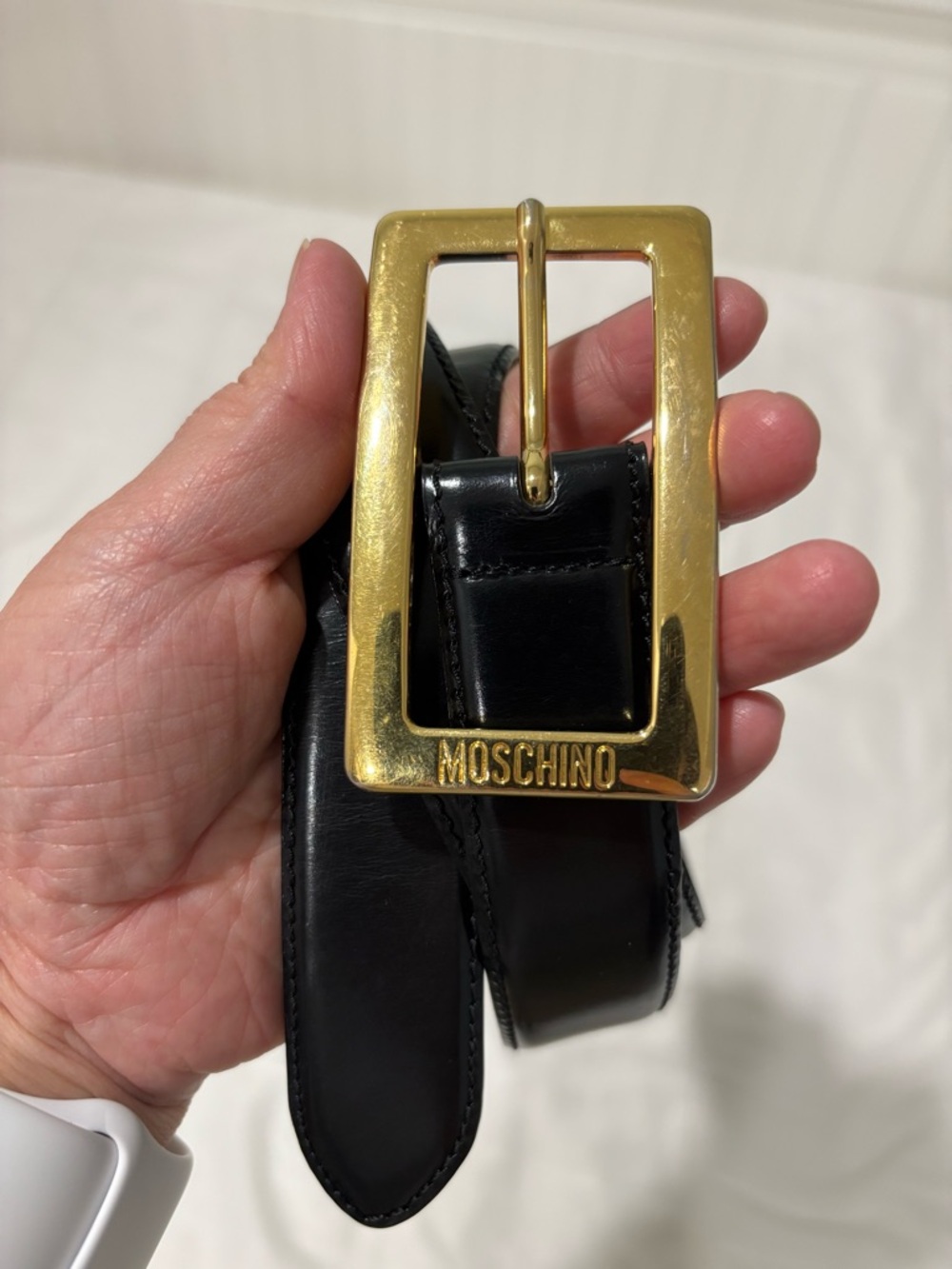 Vintage Moschino Black Leather Belt Gold Rectangular Logo Buckle Made in Italy